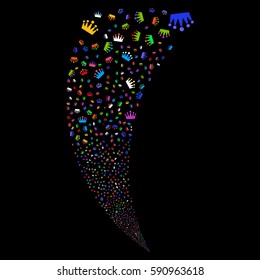 Crown random fireworks stream. Vector illustration style is flat bright multicolored iconic symbols on a black background. Object fountain created from scattered pictographs.