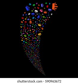 Crown random fireworks stream. Vector illustration style is flat bright multicolored iconic symbols on a black background. Object fountain done from scattered symbols.
