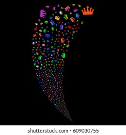 Crown random fireworks stream. Vector illustration style is flat bright multicolored iconic symbols on a black background. Object fountain made from scattered pictograms.