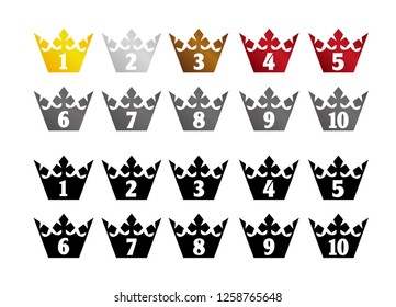 Crown ranking illustration set . from 1st place to 10th place. Color version and black version.