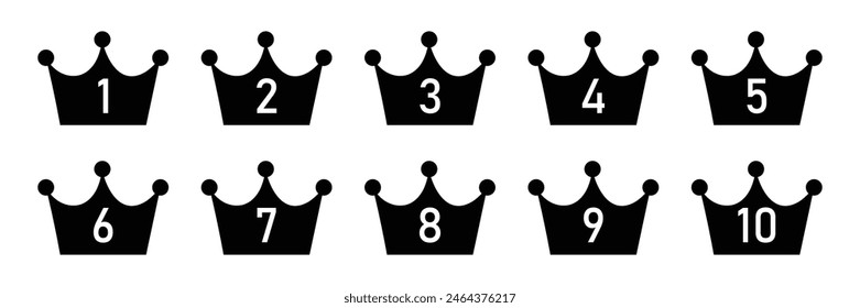 Crown ranking illustration vector set. from 1st place to 10th place. crown in black color. and white background.