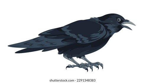 Crown or raven sitting and making sounds, isolated large black bird cawing or squawking. Nature and biodiversity, woods or forest wildlife and wilderness habitants. Vector in flat style illustration