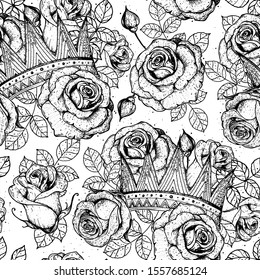 Crown and roses seamless pattern. Hand drawn sketch. Hand drawn vector illustration. Vintage background. Design template.