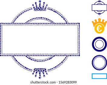 Crown round and rectangle frame icon composition of tuberous pieces in different sizes and color tones, based on crown round and rectangle frame icon. Vector raggy items are grouped into collage.
