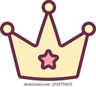 Coroa com pontas redondas e um emblema de estrela central delineado em negrito arte linha. Símbolo de realeza, poder e realização para recompensa, tema princesa, e liderança. Ilustração de vetor de desenhos animados.