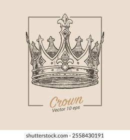 Crown, royal attribute, illustration in the style of a medieval engraving