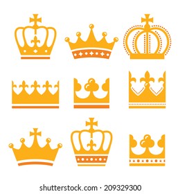 Crown, royal family gold icons set 