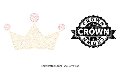 Crown rubber seal print and vector crown mesh structure. Black seal contains Crown tag inside ribbon and rosette. Abstract 2d mesh crown, created from flat mesh.