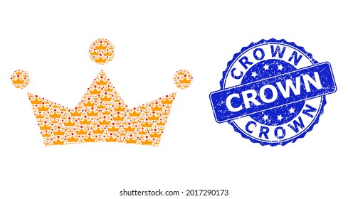 Crown scratched round stamp seal and vector recursion mosaic crown. Blue stamp seal includes Crown text inside circle shape. Vector mosaic is designed with scattered crown icons.