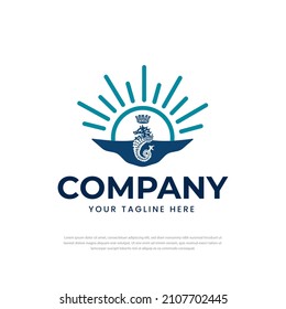 Crown seahorse silhouette logo in the sun, symbol, icon, design template