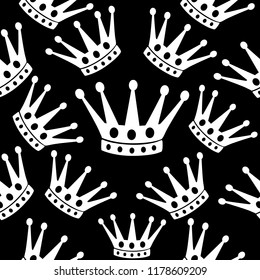 Crown seamless background. Black and white vector.