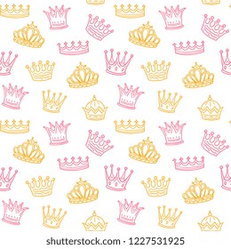 Crown seamless pattern. Golden and pink crowns for princess. Newborn girl vector background
