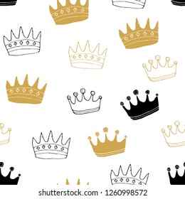 Crown Seamless Pattern, hand drawn royal doodles background, Vector Illustration.
