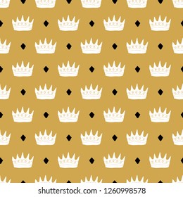 Crown Seamless Pattern, hand drawn royal doodles background, Vector Illustration.