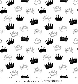 Crown Seamless Pattern, hand drawn royal doodles background, Vector Illustration.