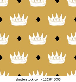 Crown Seamless Pattern, hand drawn royal doodles background, Vector Illustration.