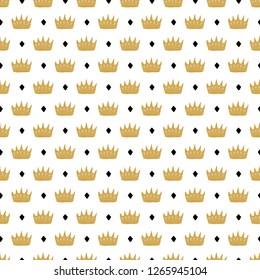 Crown Seamless Pattern, hand drawn royal doodles background, Vector Illustration.