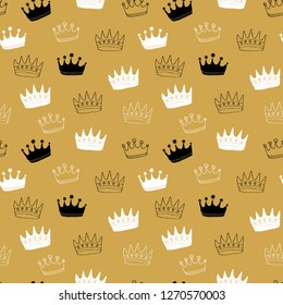 Crown Seamless Pattern, hand drawn royal doodles background, Vector Illustration.