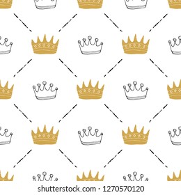 Crown Seamless Pattern, hand drawn royal doodles background, Vector Illustration.