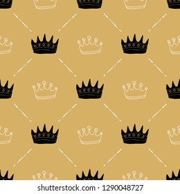 Crown Seamless Pattern, hand drawn royal doodles background, Vector Illustration.