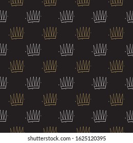 Crown Seamless Pattern, hand drawn royal doodles background, Vector Illustration.