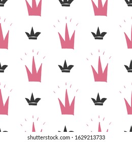 Crown Seamless Pattern, hand drawn royal doodles background, Vector Illustration.