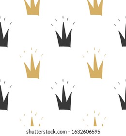 Crown Seamless Pattern, hand drawn royal doodles background, Vector Illustration.