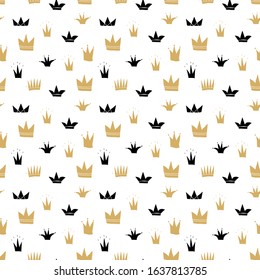 Crown Seamless Pattern, hand drawn royal doodles background, Vector Illustration.