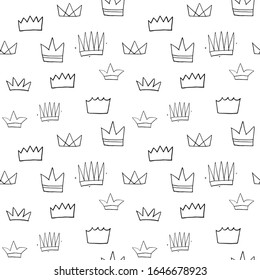 Crown Seamless Pattern, hand drawn royal doodles background, Vector Illustration.