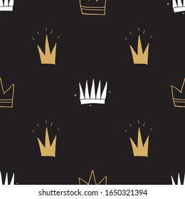 Crown Seamless Pattern, hand drawn royal doodles background, Vector Illustration.