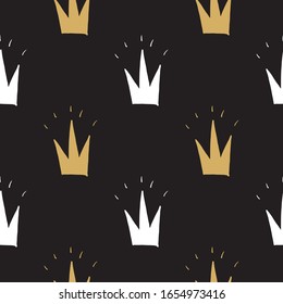 Crown Seamless Pattern, hand drawn royal doodles background, Vector Illustration.