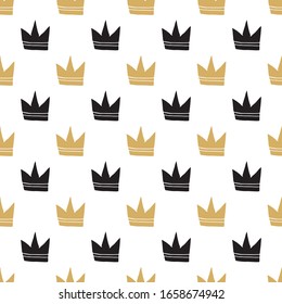 Crown Seamless Pattern, hand drawn royal doodles background, Vector Illustration.