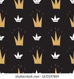 Crown Seamless Pattern, hand drawn royal doodles background, Vector Illustration.