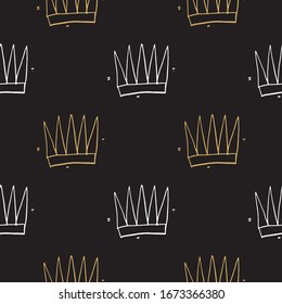 Crown Seamless Pattern, hand drawn royal doodles background, Vector Illustration.