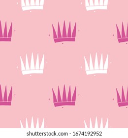 Crown Seamless Pattern, hand drawn royal doodles background, Vector Illustration.