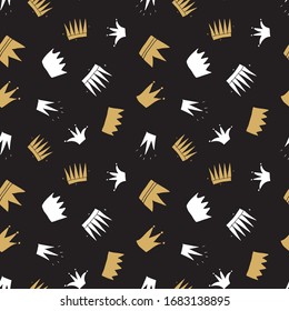 Crown Seamless Pattern, hand drawn royal doodles background, Vector Illustration.