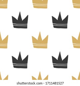 Crown Seamless Pattern, hand drawn royal doodles background, Vector Illustration.