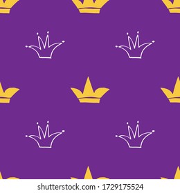 Crown Seamless Pattern, hand drawn royal doodles background, Vector Illustration.