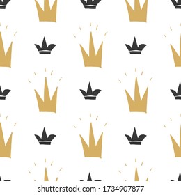 Crown Seamless Pattern, hand drawn royal doodles background, Vector Illustration.