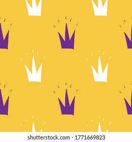 Crown Seamless Pattern, hand drawn royal doodles background, Vector Illustration.