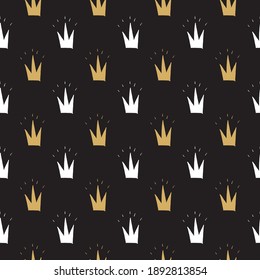 Crown Seamless Pattern, hand drawn royal doodles background, Vector Illustration.