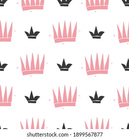 Crown Seamless Pattern, hand drawn royal doodles background, Vector Illustration.