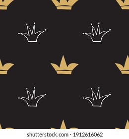 Crown Seamless Pattern, hand drawn royal doodles background, Vector Illustration.