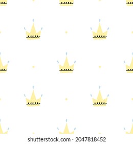 Patrón sin fisuras de la corona. Rey dibujado a mano y reina, prince y princesa accesorio de cabeza, dibujos animados niños lindos imprimir o elemento de diseño de afiches, decoración amarilla textil, papel tapizado papel tapiz vectorial