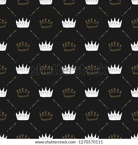 Crown Seamless Pattern, hand drawn royal doodles background, Vector Illustration.
