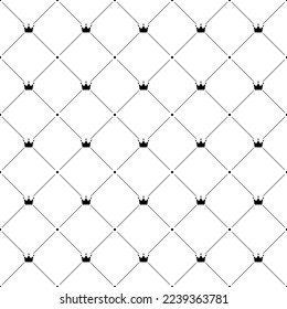 Crown seamless pattern. Repeating royal texture. Black color lattice on white background. Repeated wallpaper for design prints. Cute abstract backdrop. Repeat crown, dot and line. Vector illustration