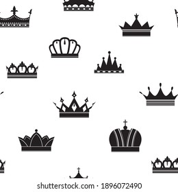 Crown. Seamless pattern with a variety of vintage crowns. Vector black silhouettes on a white background.