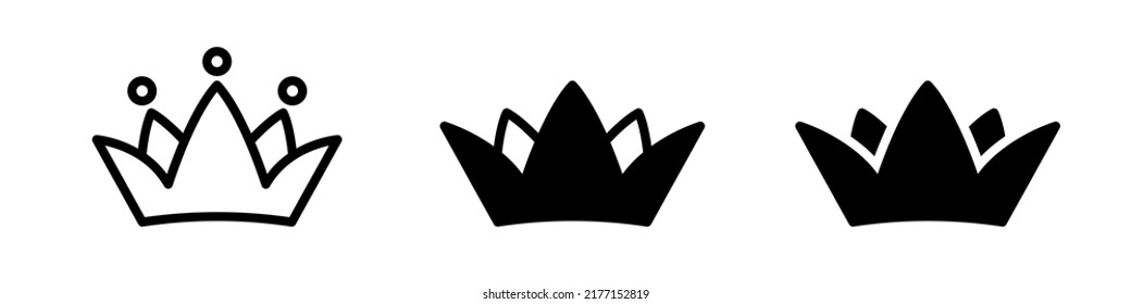 Crown set. Black flat icons of crowns. Vector clipart isolated on white background.