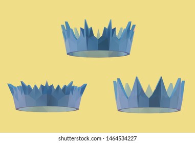 Crown. Set of Blue Crowns on Yellow Background. Low Poly Vector 3D Rendering