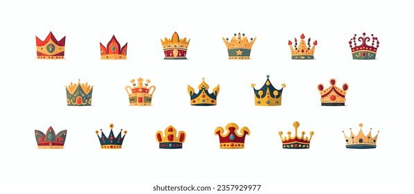 Crown set flat cartoon isolated on white background. Vector isometric  illustration